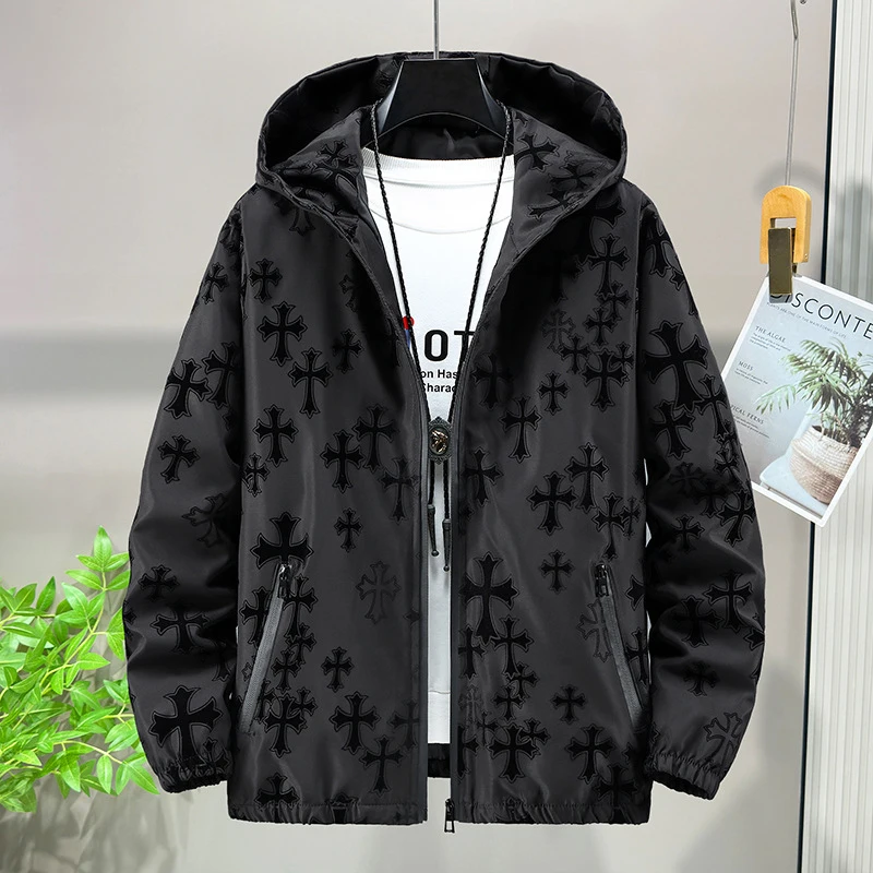 Men Lightweight Windbreaker Jacket Autumn Luxury Brand Harajuku Streetwear Casual Hooded Windproof Printed Bomber Jacket Men