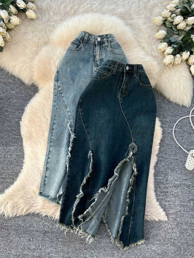 

Korean Sle High Waist Denim Asymmetrical Midi Skirt Women's Split Faion Frayed Patchwork A-Line Commute Slimming Mid-Leng...