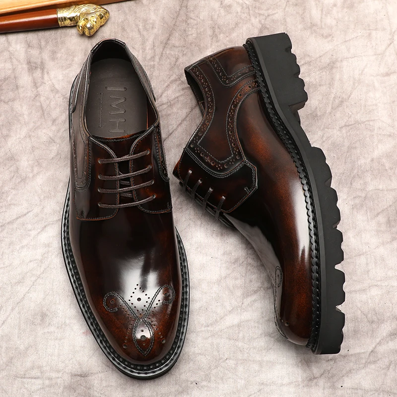 HKDQ oxford Men\'s Shoe Genuine Cow Leather Men Dress Shoes Thick Bottom Black Brown Lace Up Wedding Men Business Formal Shoes