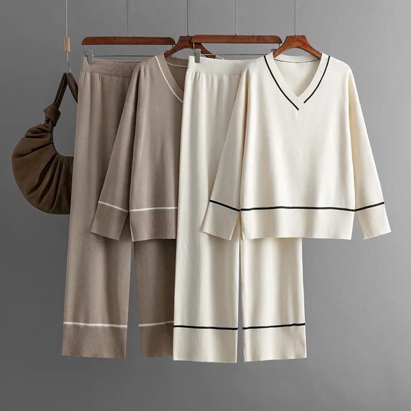

Домашняя одежда Вязаные комплекты Женские базовые свободные топы с v-образным вырезом и высокой талией Широкие брюки Повседневный осенне-зимний свитер из 2 предметов B353