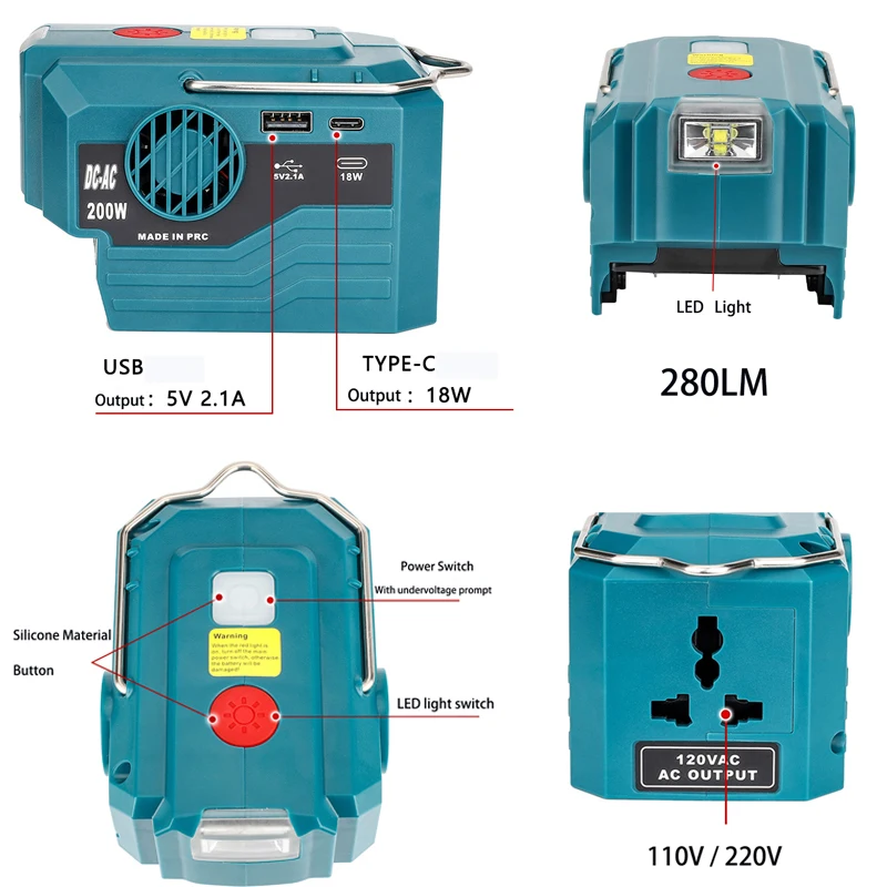 Inverter di potenza per batteria Makita da 18V a uscita ca 120V/220V generatore di Inverter a onda sinusoidale modificata portatile con USB, tipo-C