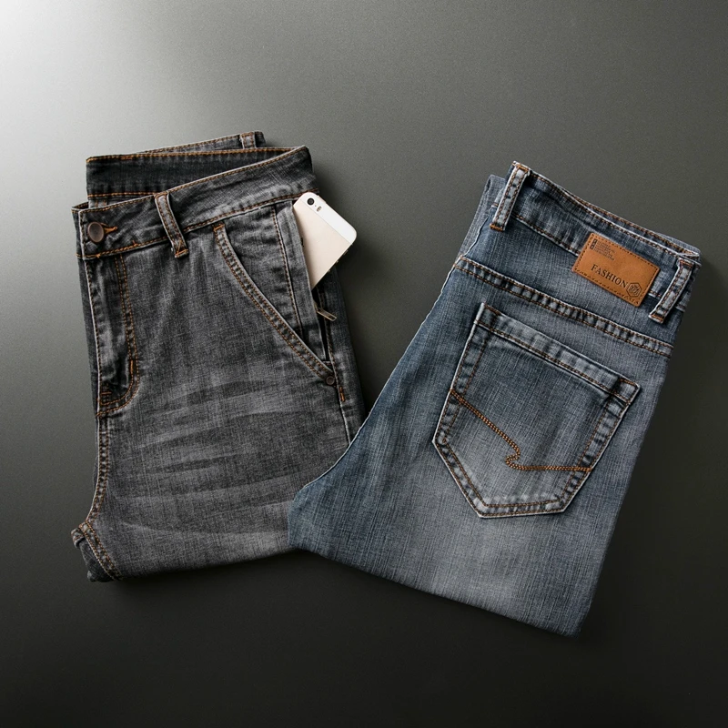 2025 Fashion Brand Anti-theft Zipper Stretch Men Jeans Luxury Smart Men's Denim Trousers Slim Straight Blue Gray Mens Trousers