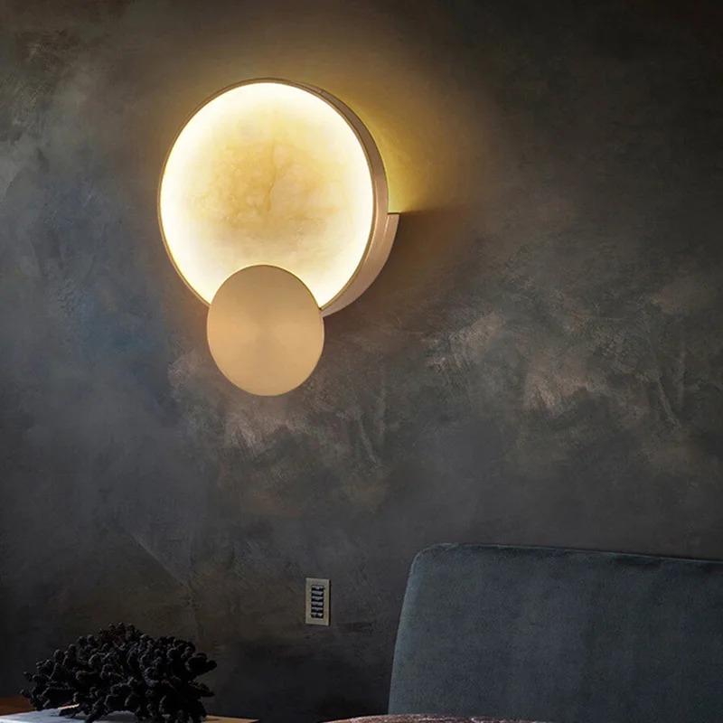 Round Marble Wall Lamp High-Grade Copper Indoor Lighting Living Room Bedroom Study Modern Minimalist Led Decor For Home