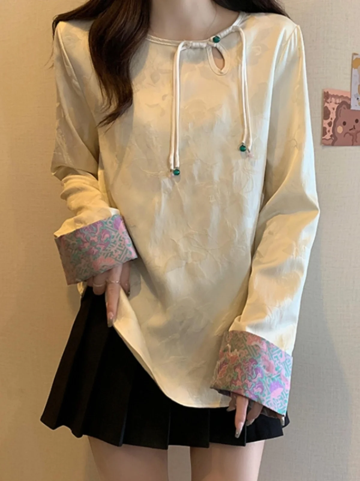 New Chinese Style Button up Shirt Women's Spring Autumn plus Size Slimming Design Korean Style round Neck Long Sleeve T-shirt