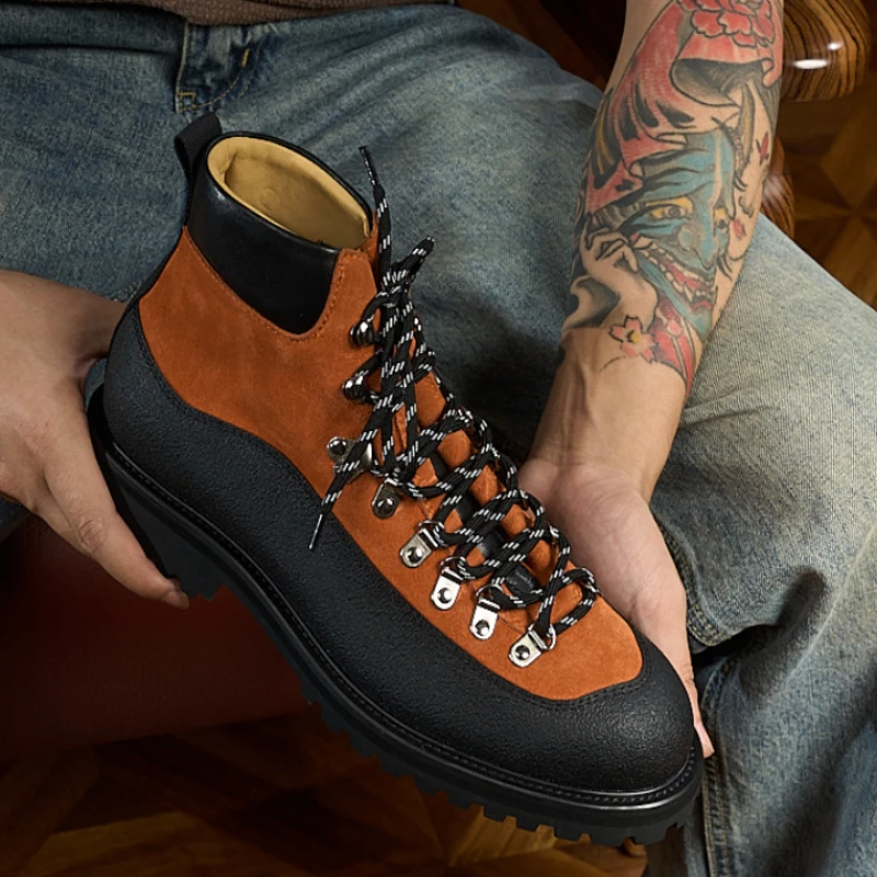 

Мужские высокие ботинки, кожаные сращенные рабочие ботинки, уличные походные альпинистские модные мужские ботинки