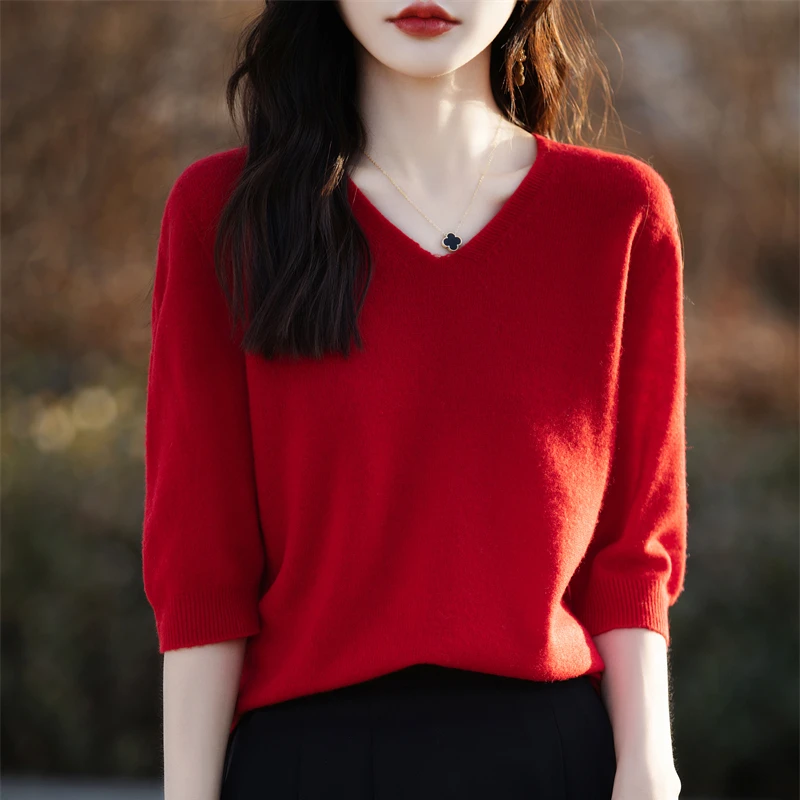 2024 Spring and summer New Cashmere Short sleeve Sweater Women Solid Short Sleeve O-neck Pullovers Knitted Sweaters