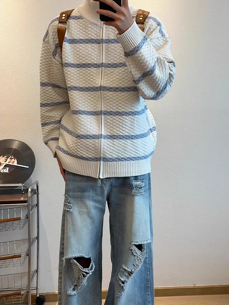 

Cleanfit Men's Striped Open Cardigan High Collar Knitwear American Sle Autumn Winter Couple's Loose Fit Faionable Outerwear