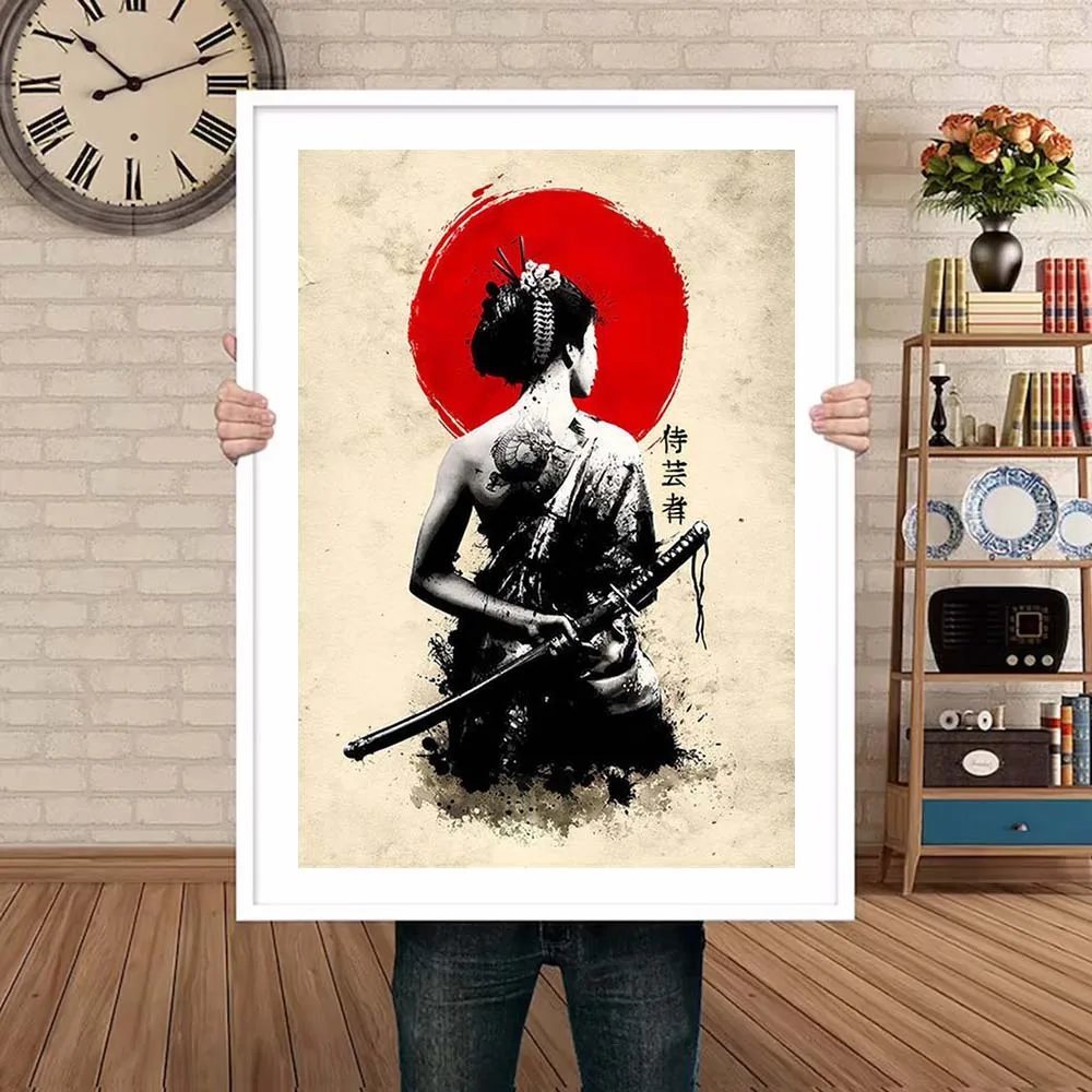 Japanese Female Warrior With Sword Poster Prints For Living Room Home Decor Abstract Sexy Tattoo Woman Canvas Painting Wall Art