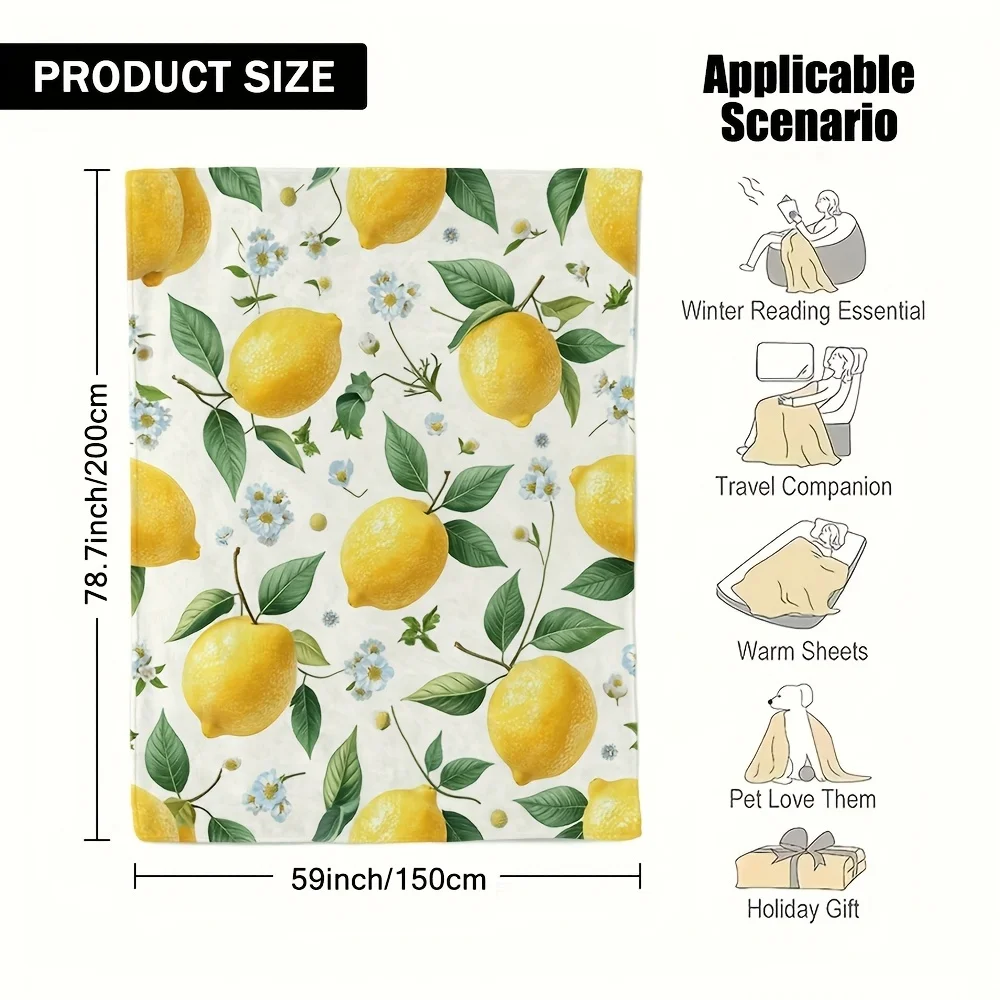 All‑season Plush Flannel Blanket Watercolor Lemon Daisy Floral Fruit Print Lightweight Throw for Travel Multi‑purpose Home
