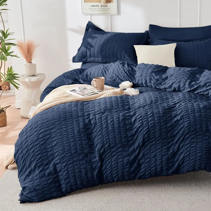 

Navy Blue Duvet Cover Queen Size, Ultra Soft 3Piece Seersucker Duvet Cover Set with Zipper Closure, Soft Brushed Microfiber Bedd