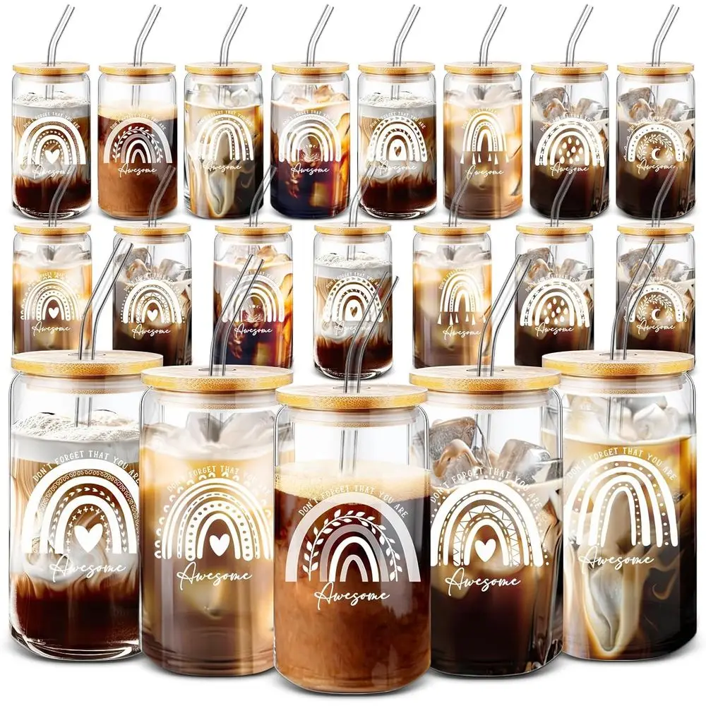 

16 oz Glass Mugs Set of 20 with Lids - Inspirational 'You're Awesome' for Staff Appreciation