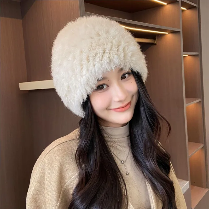 A fur hat is versatile and warm choice for women in autumn winter It woolen ear-protecting plush knitted headpiece round cap