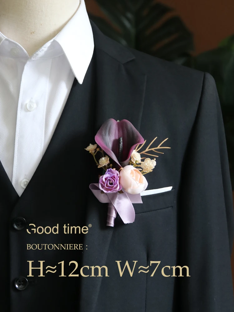 GT Silk Corsages Boutonnieres Wedding Decoration Marriage Rose Wrist Corsage Pin Boutonniere Flowers for Guests Purple