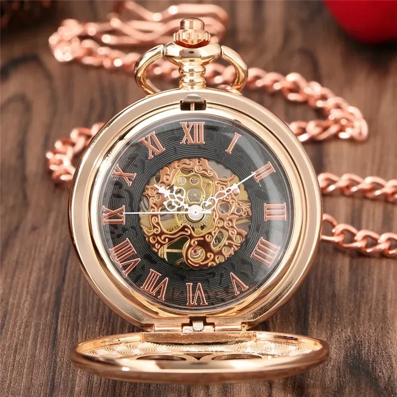 Vintage Hollow-out Flower Roman Number Men Manual Mechanical Pocket Watch Exquisite Pendant Hand-winding Clock with FOB Chain