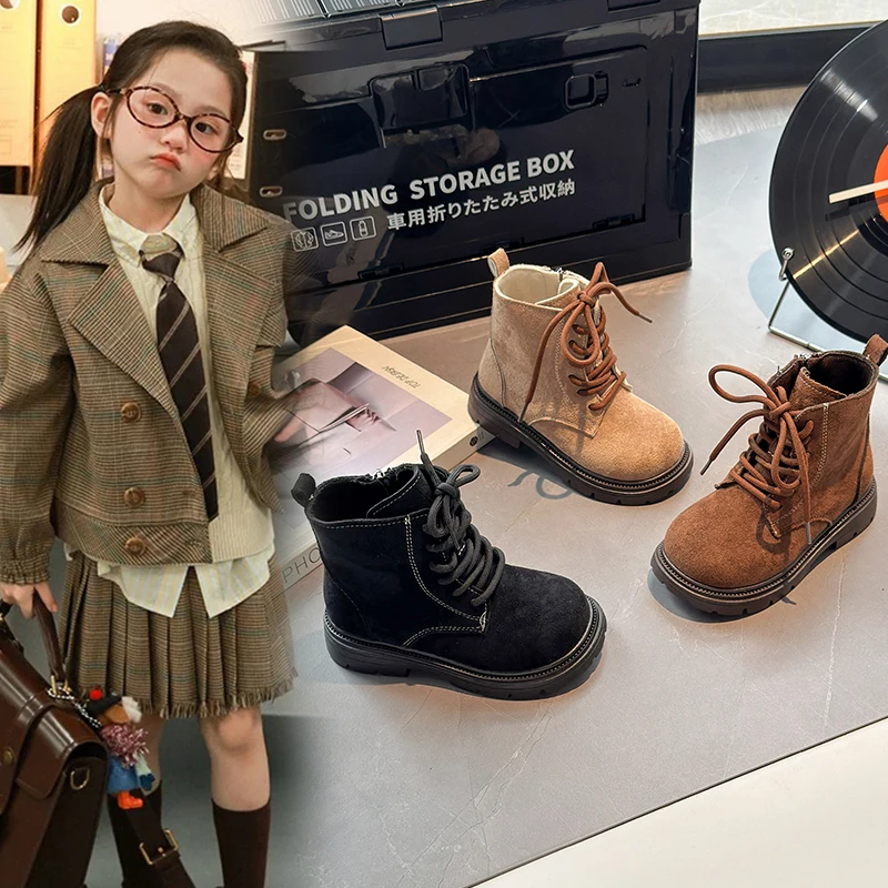 

Children's Fashion Leather Boots 3-18 Years Old Khaki Simple Boys Girls Single Shoes Four Seasons Soft Non-slip Kids Short Boots