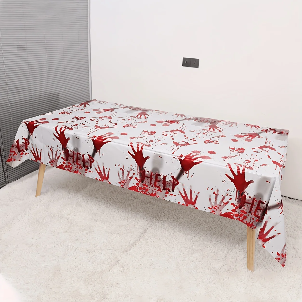 1 Pack Disposable Plastic Tablecloth with Bloody Handprints, Horror Themed Dinner Table Decorations for Parties, Blood Atmospher
