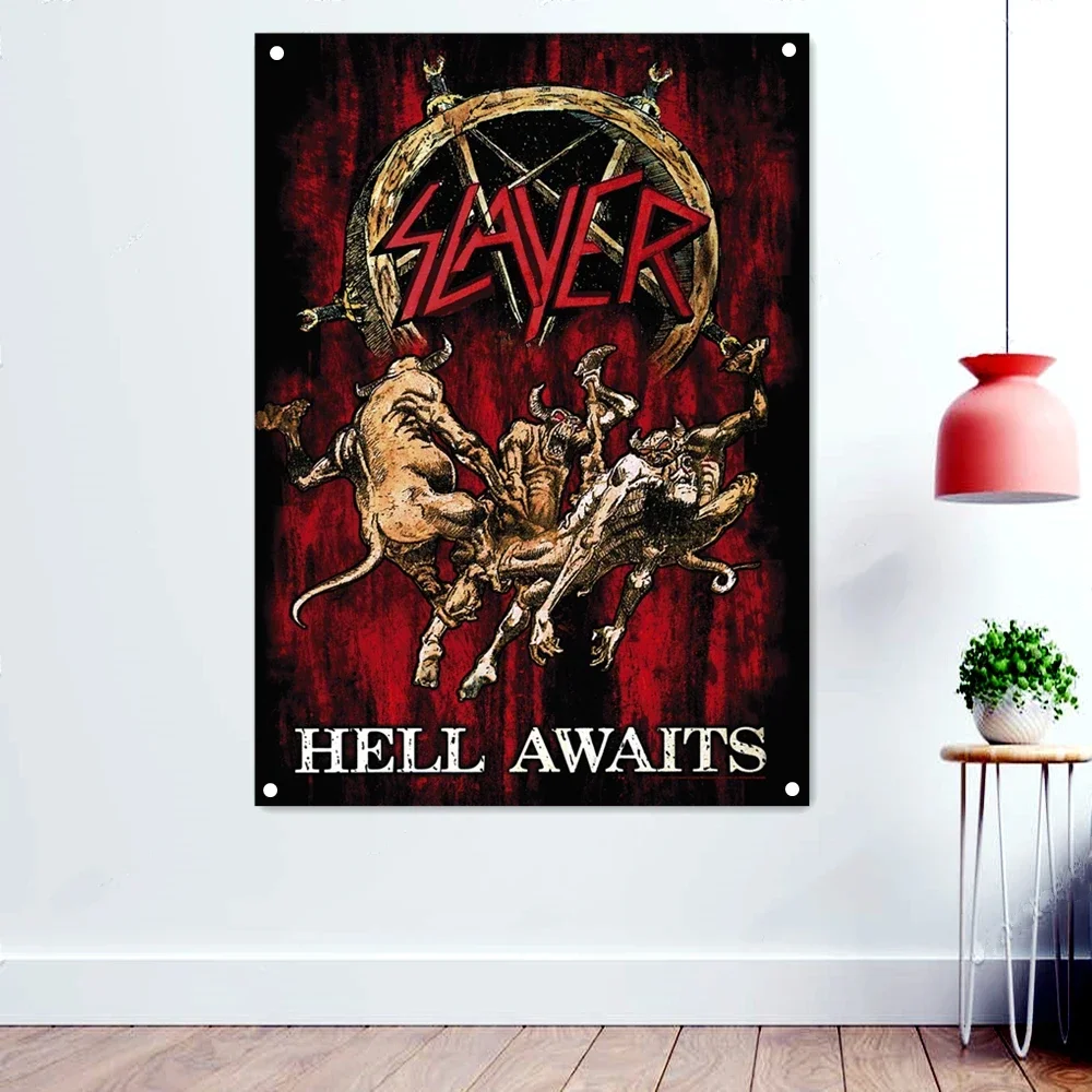 

HELL AWAITS Death Metal Flags Wall Hanging Music Dark Art Tattoos Artwork Posters scary Bloody Drawing Rock Band Logo Banners