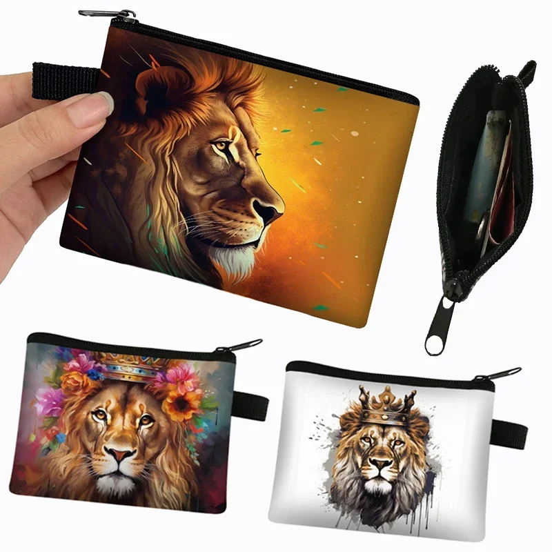 Crown Lion Print Coin Purses Colorful Fantasy Lions Money Coin Bag for Women ID Credit Card Holder Wallet Mini Purse Pouch Gift