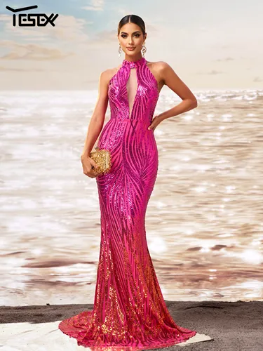 Yesexy nuevo vestido de iglesia cuello redondo lentejuelas sirena cóctel hasta el suelo graduación alta calidad lujo elegante hermoso vestido