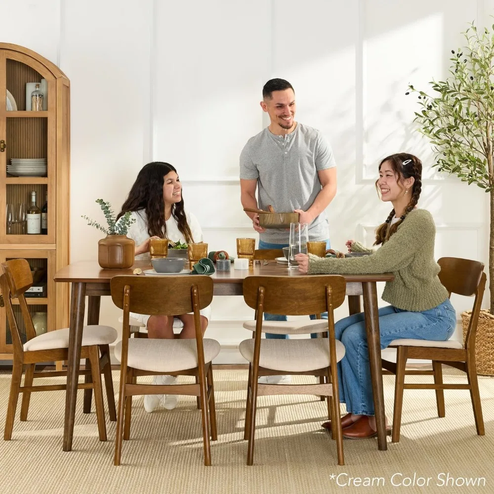 Set da pranzo in legno da 7 pezzi, tavolo moderno Mid-Century e set di sedie imbottite con 6 sedie, gambe in legno di gomma - Noce/Grigio