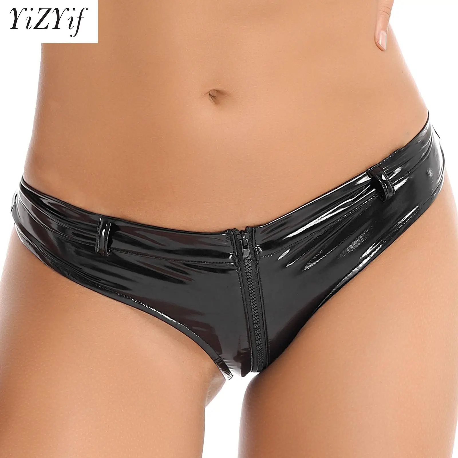 Women Sexy Zipper Crotch Low Rise Briefs Metallic Faux Leather Underwear Rock Festival Club Rave Party Booty Shorts Hot Pants