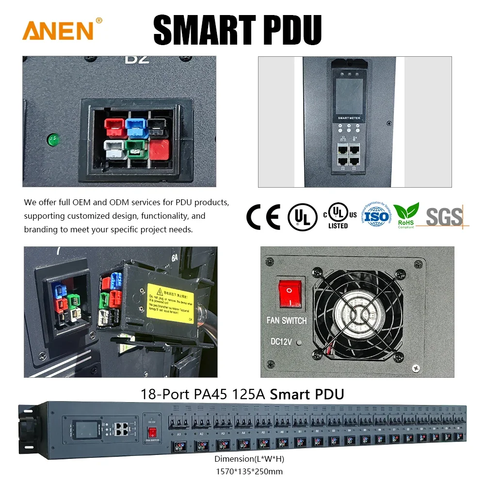 Smart IP PDU with 18 Port PA45 Connector 3-phase 150A Input for Remote Power Monitoring in Data and Energy Cabinets