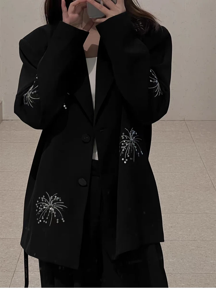 Autumn sequined Single breasted blazer Women High quality Long sleeve jacket Loose 2025 Ladies suit Black Spring INKEO 4O090