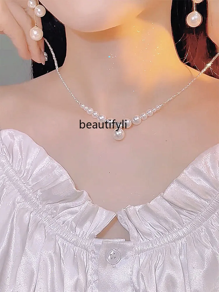 Summer broken silver pearl necklace women's new light luxury niche high-end strong light pearl collarbone chain accessories