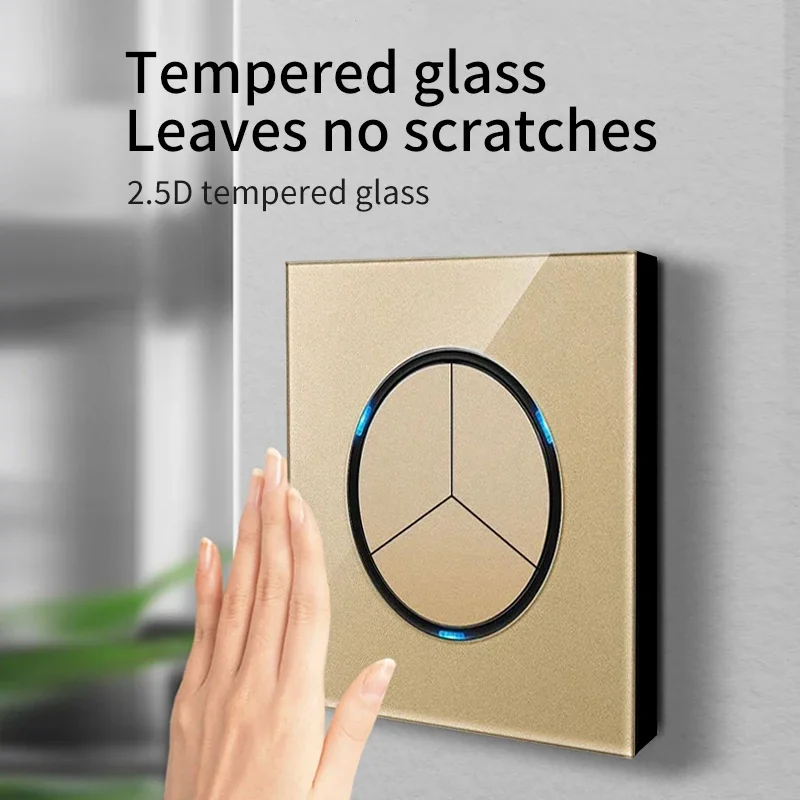 Gold Light for Glass Panel Switch Button, EU UK Standard Round Reset Point Switch, Bedroom Usb Switch Socket 1-4gang AC110V-250V