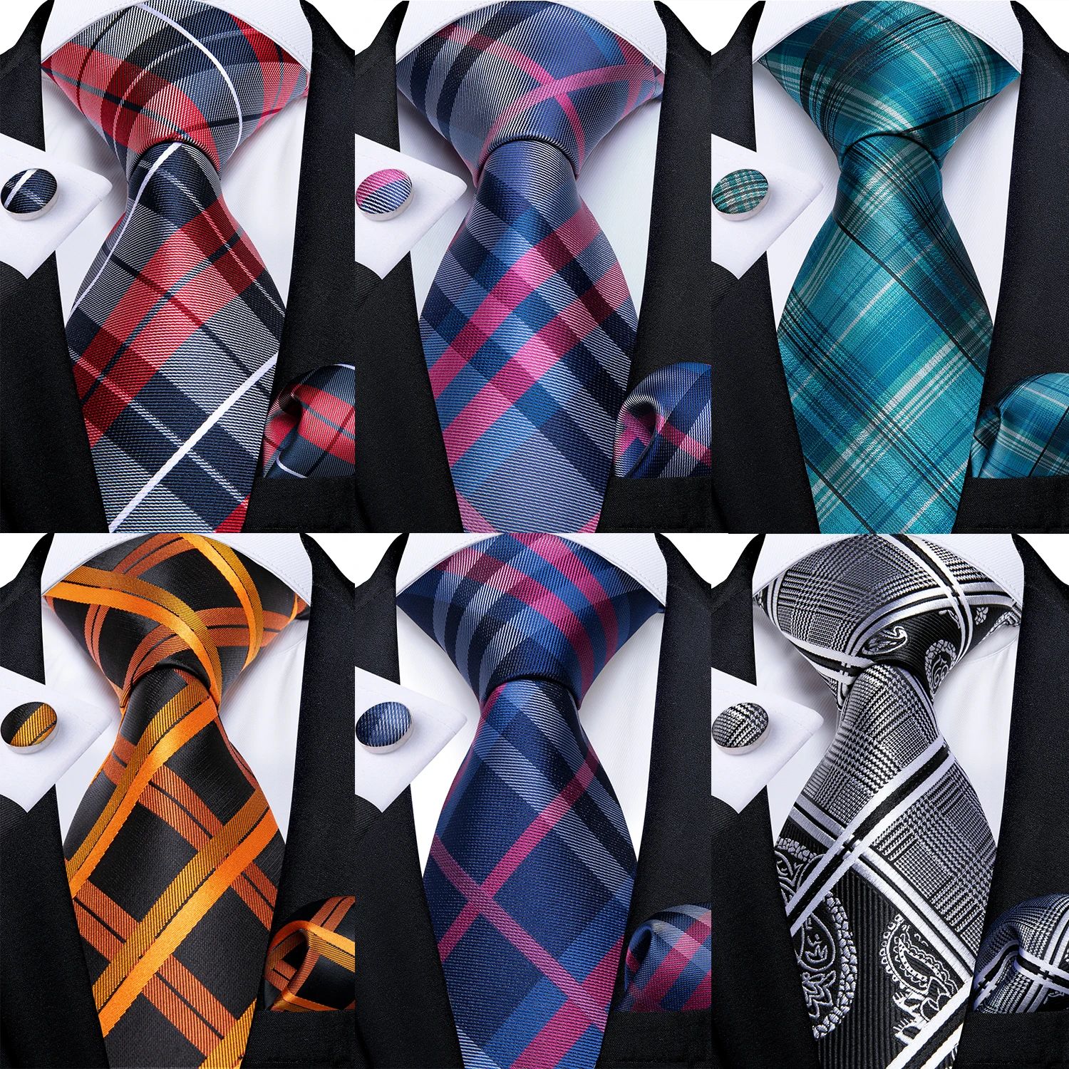 Classic Men Striped Plaid Necktie Handkerchief Cufflinks Set Silk Jacqurd Men's Ties Business Wedding Cravat Ties Gifts DiBanGu