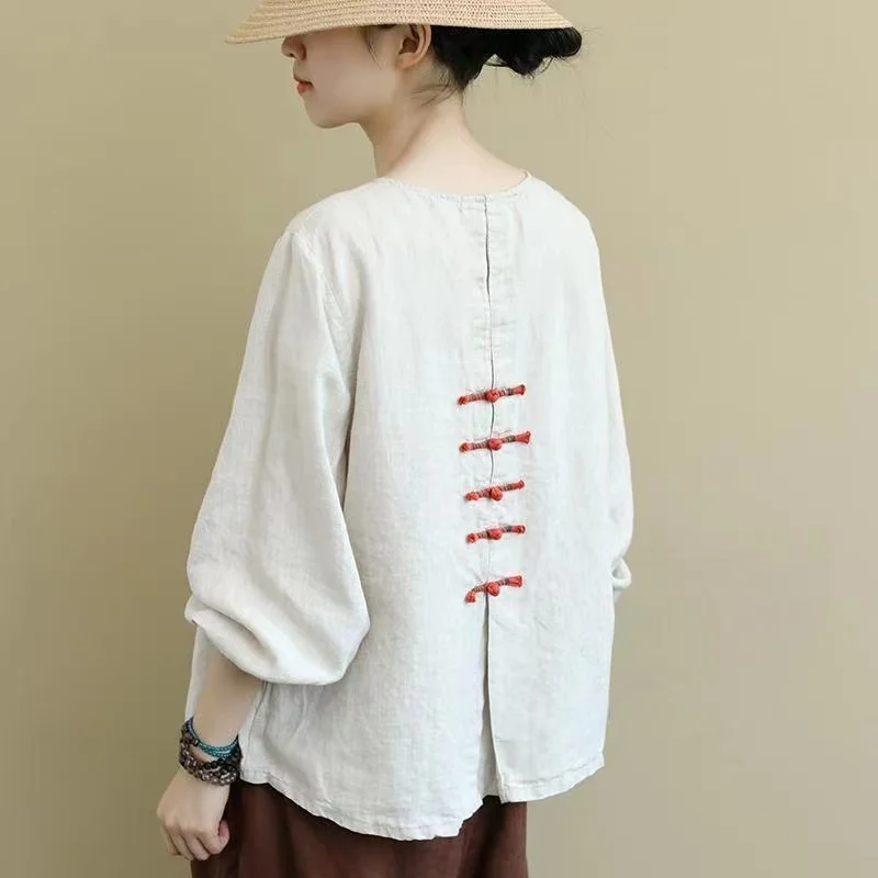 Retro Ethnic Print Linen Shirt Summer Linen  Cotton Women  Clothing  Spring And Autumn Loose Literature Chinoiserie Ladies Top