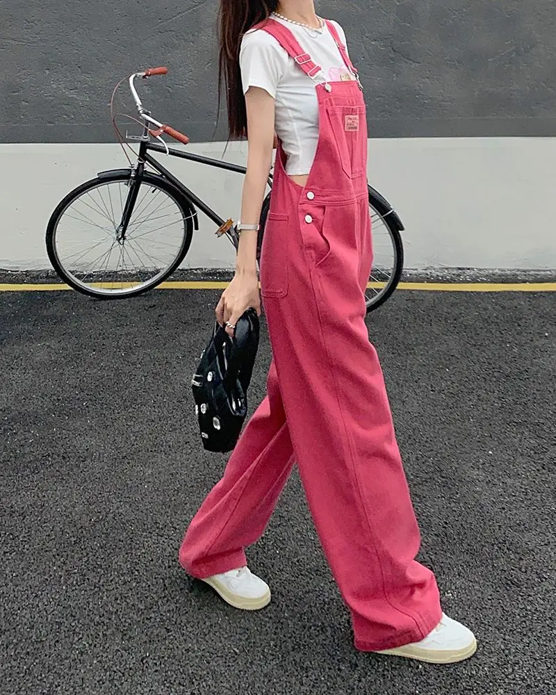Rose Red Summer New Women's Denim Jumpsuit Loose Wide Leg Denim Overalls