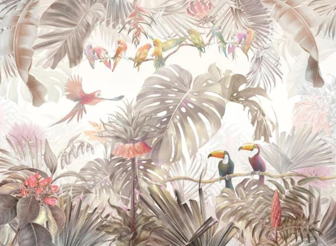 

Custom size mural Hand-painted parrot rainforest plant leaves background mural home decoration watercolor 3d wallpaper photo
