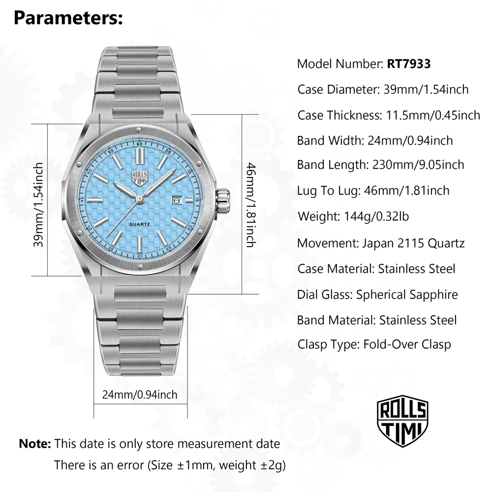RollsTimi 39MM montres pour hommes haut de gamme montres à Quartz AR saphir montre de sport pour hommes en acier inoxydable étanche lumineux