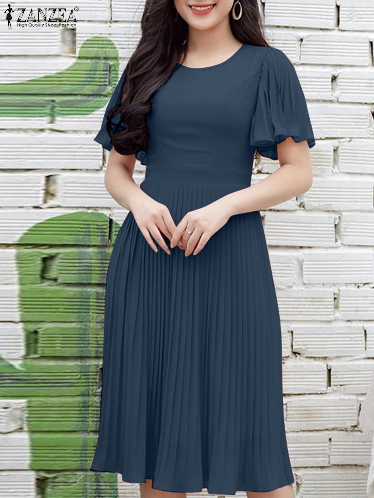 

ZANZEA Summer Solid Pleated Dress Women 2025 Elegant Casual Party Work Sundress Stylish A Line Vestidos Casual Holiday Midi Robe
