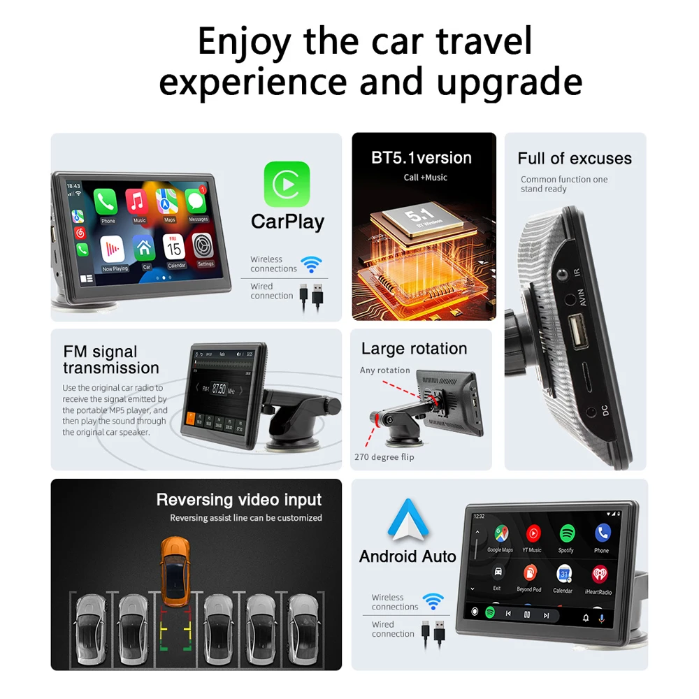 7 Inch Portable Multimedia Central Support Wireless Carplay And Wireless Android Auto Touch Screen Sun Visor SD CARD and AUX