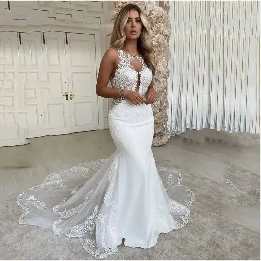 

Mermaid Elegant Lace Wedding Dress With Scoop Neck Open Back Design In Ivory Bridal Gown