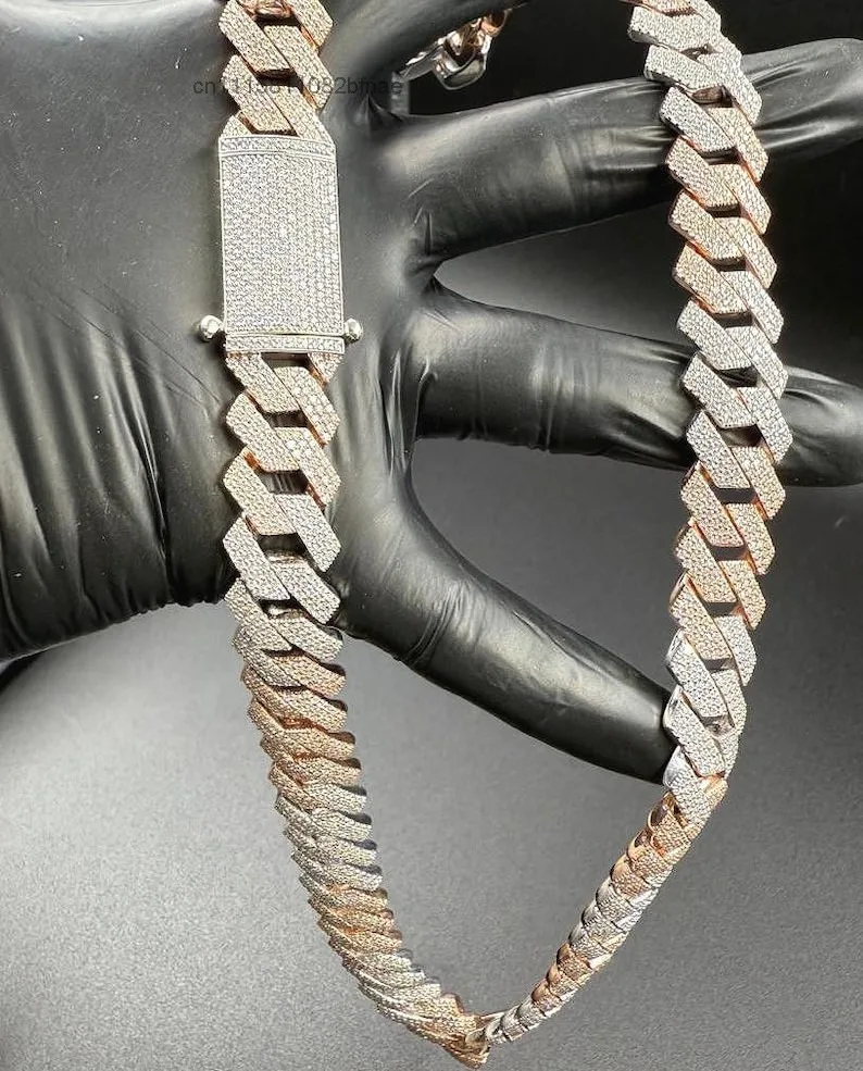 Men's Rhodium Plated Diamond Cuban Link Chain Necklace Hiphop Style 925 Silver Handmade Setting Round Brilliant Cut Stone，