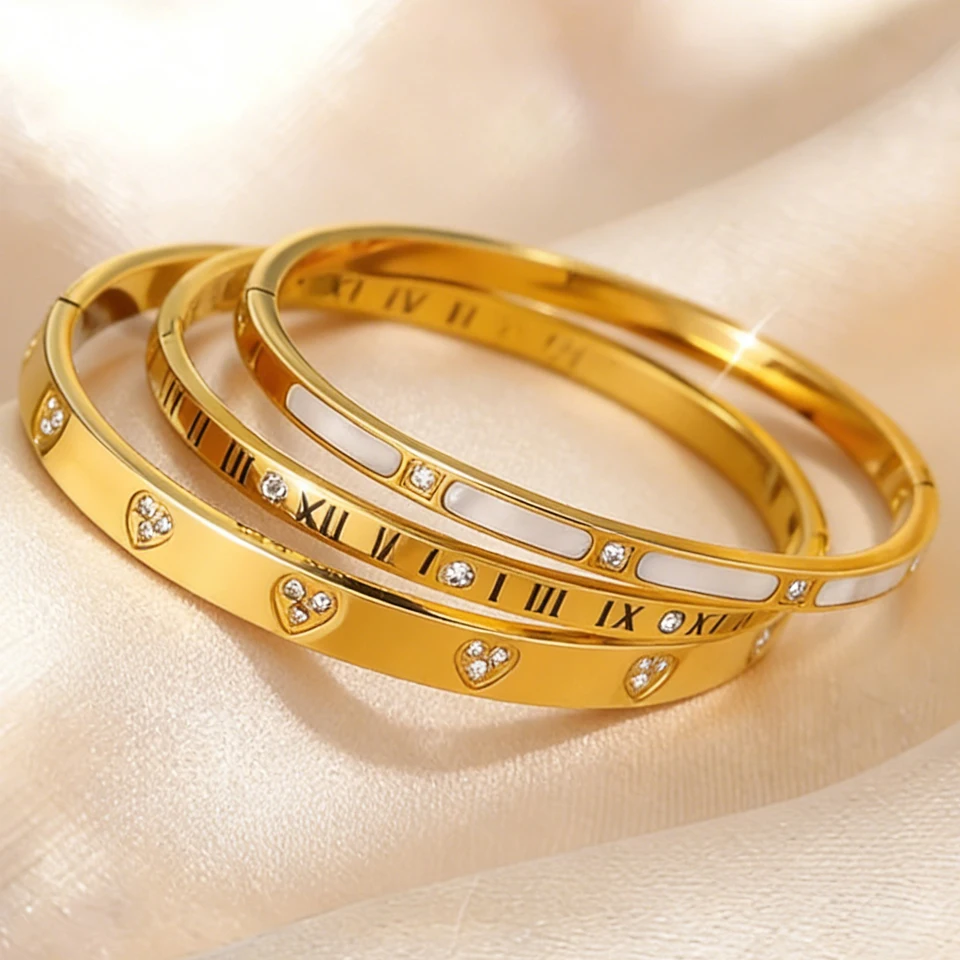 Yupsk 1/3pcs Classic Zircon Inlaid Stainless Steel Bracelet Roman Numeral Heart Design Bangles Exquisite Jewelry Gift