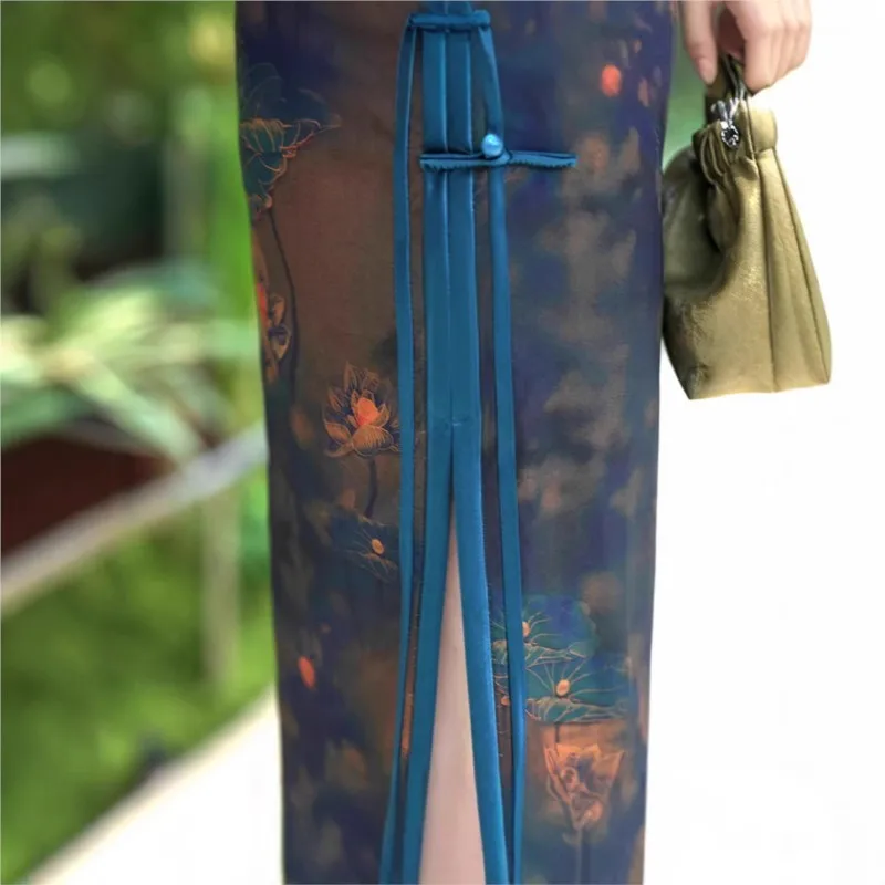 Cheongsam de seda longo melhorado moda menina estilo chinês