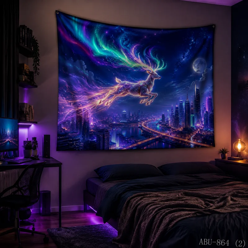 VIKAMA Neon Aurora Reindeer Flying City Night Moon River Starry Skyline Glow Christmas Tapestry Wall Hanging Bedroom Living Room