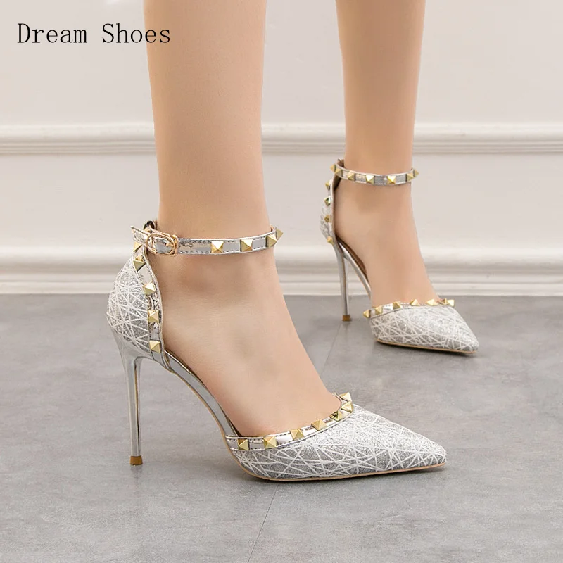 

Американские сексуальные женские туфли на высоком каблуке, остроконечные заклепки и прямые сандалии, утягивающие тонкие каблуки 10 см для ночных клубов