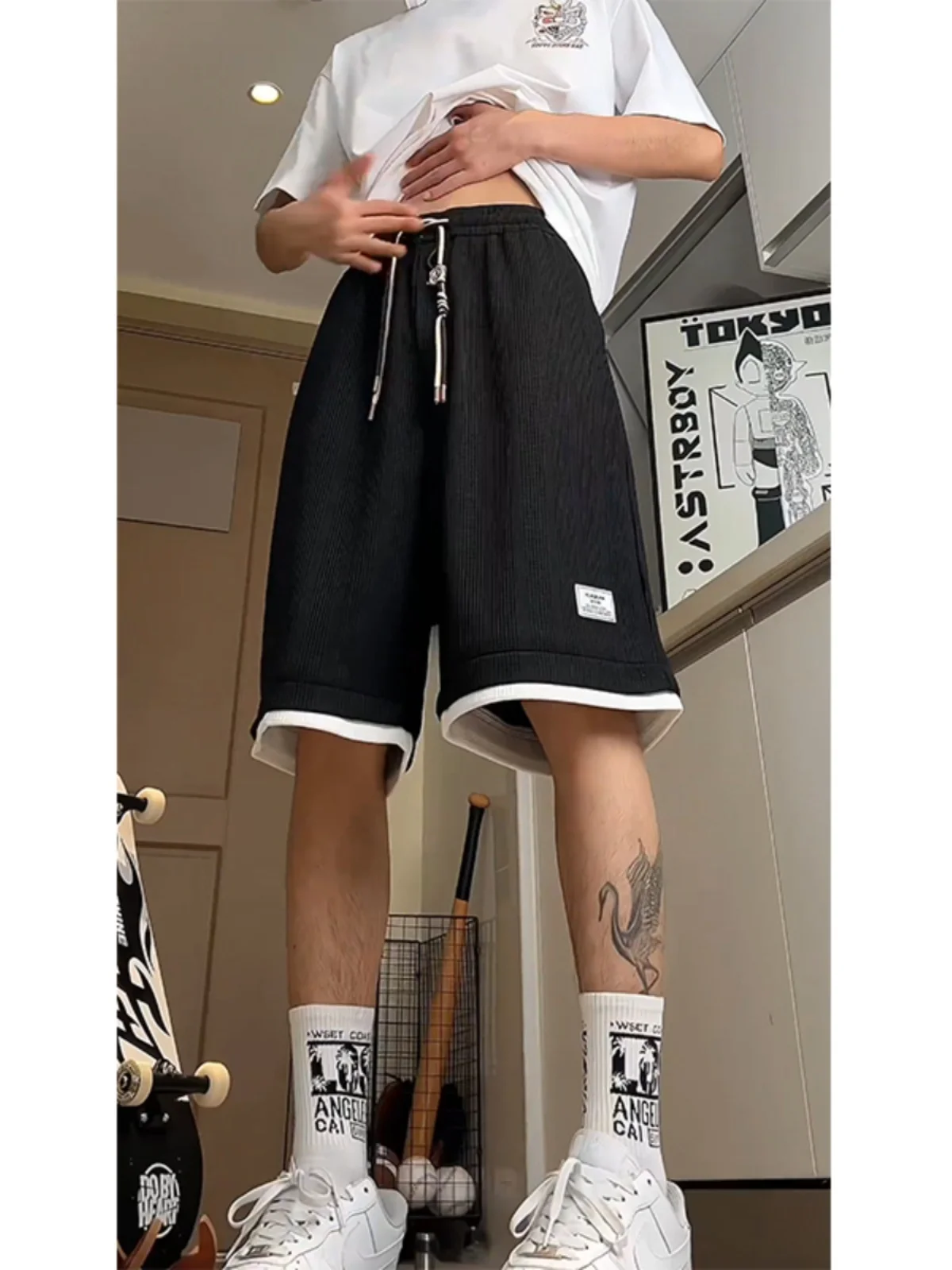 

Мужские летние спортивные брюки American Style Color Block Basketball Five-Point, свободные, прямого кроя, молодежные, повседневные, модные