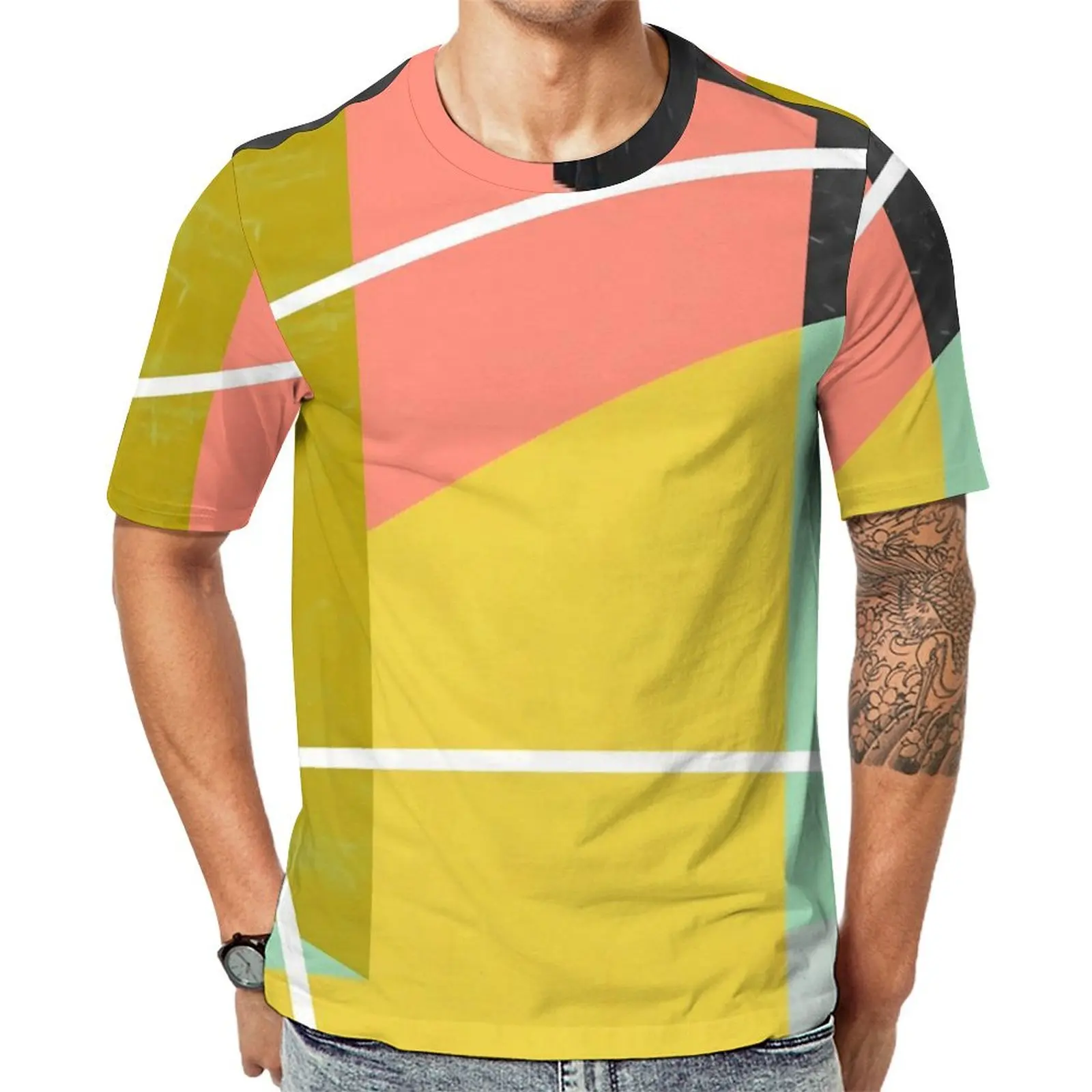 

Man ColorBlock T-Shirt Geometry Print Hippie T-Shirts Short Sleeve Graphic Tshirt Cheap Summer Casual Big Size Clothes