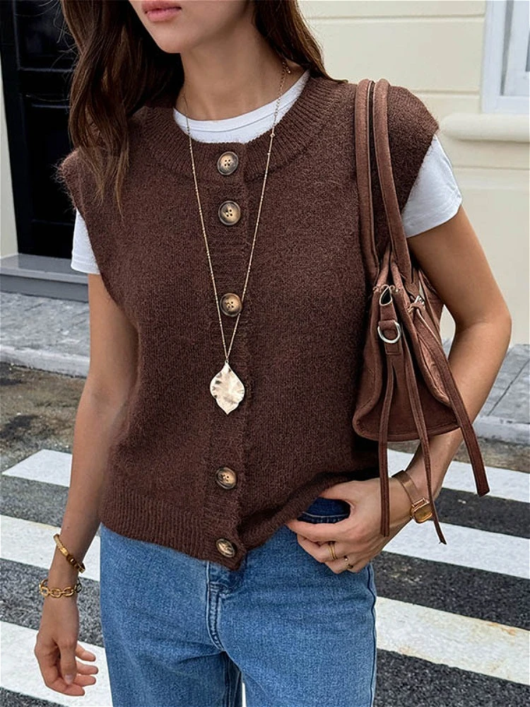 2026 Women Knit Vest Women's T-shirts And Polos Women's Jackets And Vests Sleeveless Buttoned Round Neck Loose Casual Outerwear