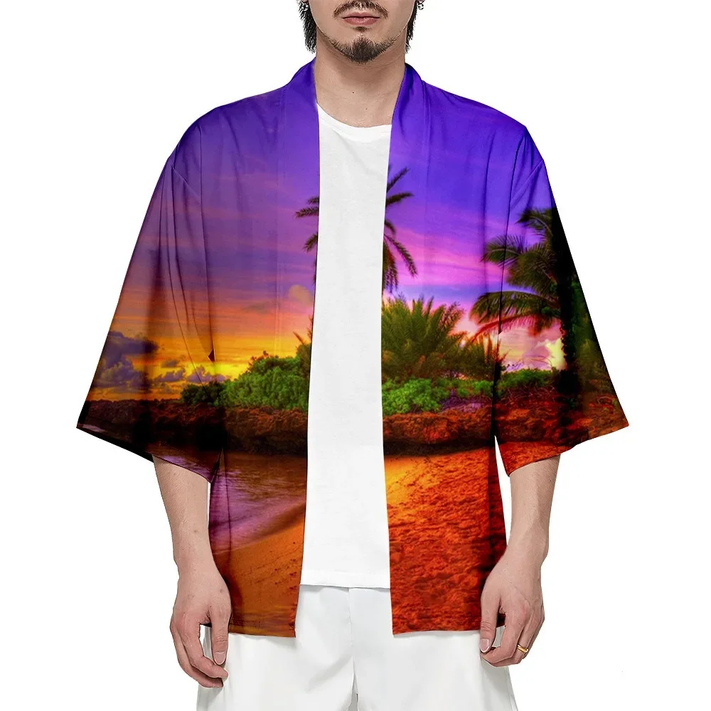 Summer Coconut Tree Print Kimono Fashion Hawaiian Shirt Yukata Beach Landscape Tops Bathrobe Loose Personality Unisex Clothes