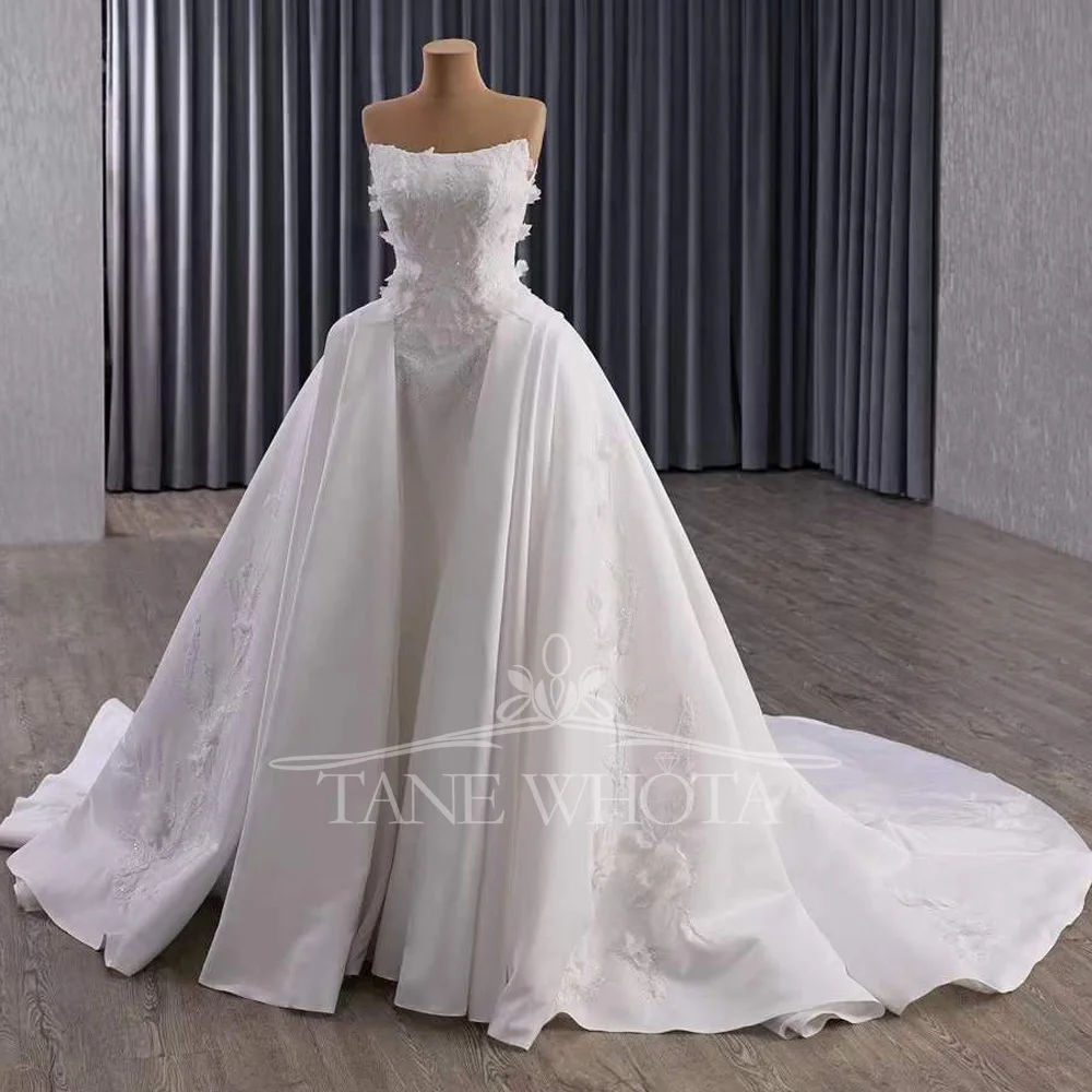Vestido de casamento sem alças com renda nas costas vestidos de noiva com miçangas apliques de lantejoulas personalizáveis