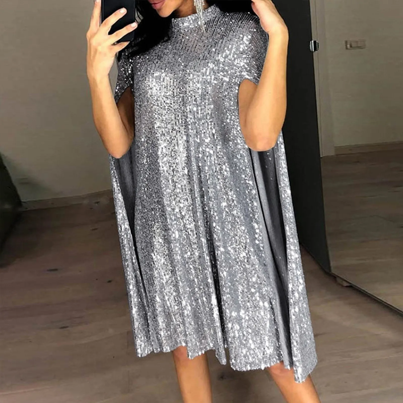 Womens Puff Long Slit Sleeve Glitter Dress Evening Sparkly Loose Fit Mini Short Dresses Sequin Cocktail Party Dresses