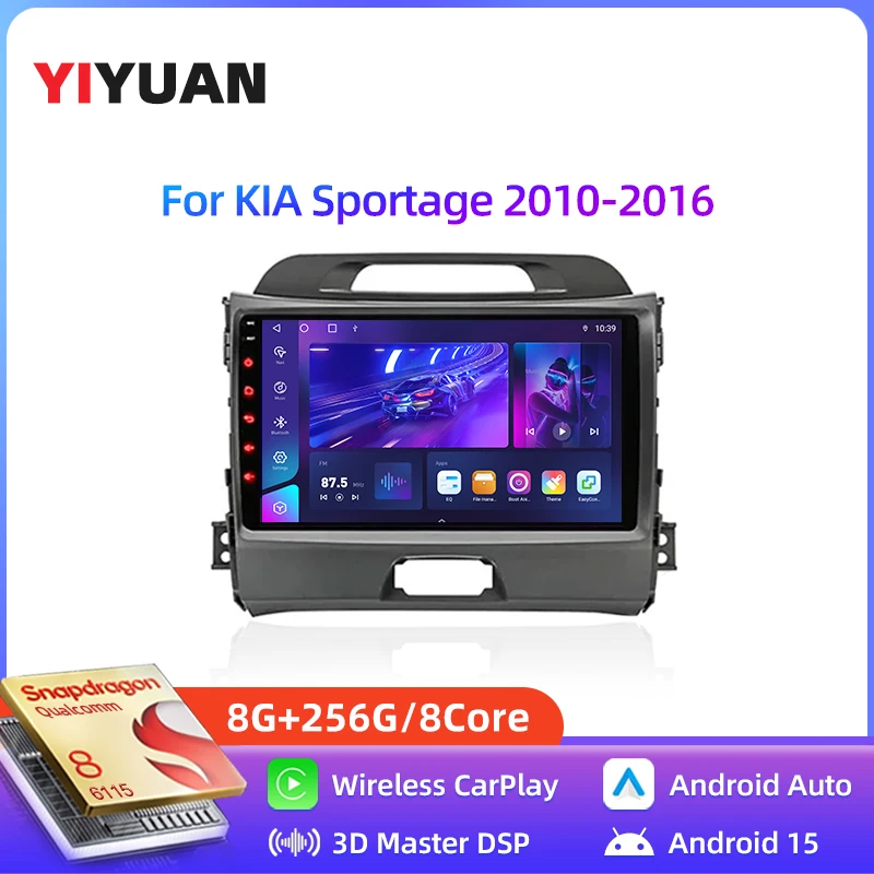 

2026 model 2Din car radio, compatible withSportage 2010-2016. Features Snapdragon Android 15 system, supports CarPlay and Auto.