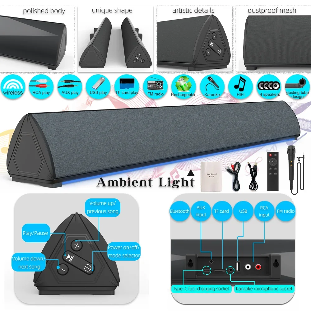 TV Car Sound Bar Wired and Wireless Bluetooth-compatible Home Surround SoundBar for PC Theater TV Computer Speaker